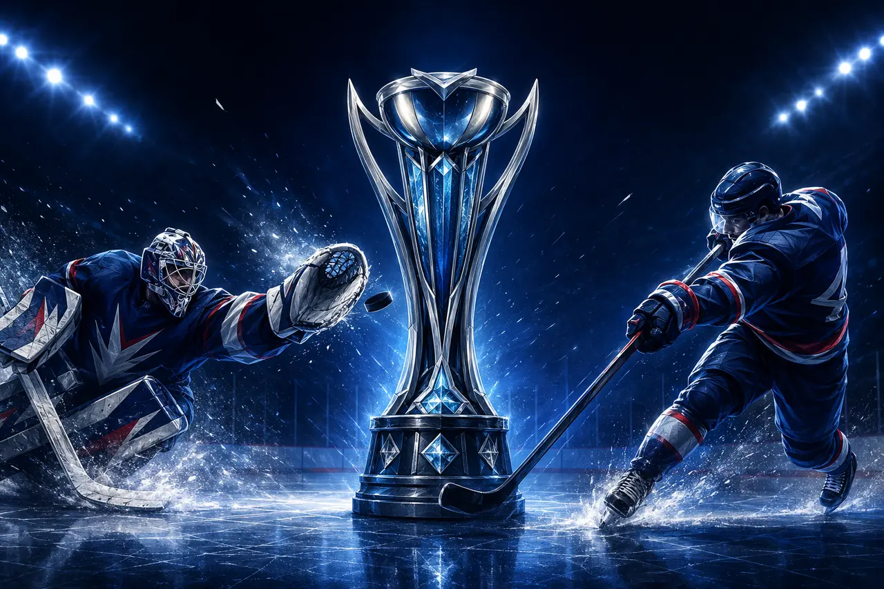 IceDynasty championship trophy framed by a goalie making a glove save and a skater taking a slapshot